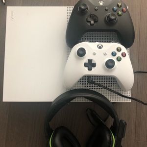 XBox one S with controllers, headphones, & a game